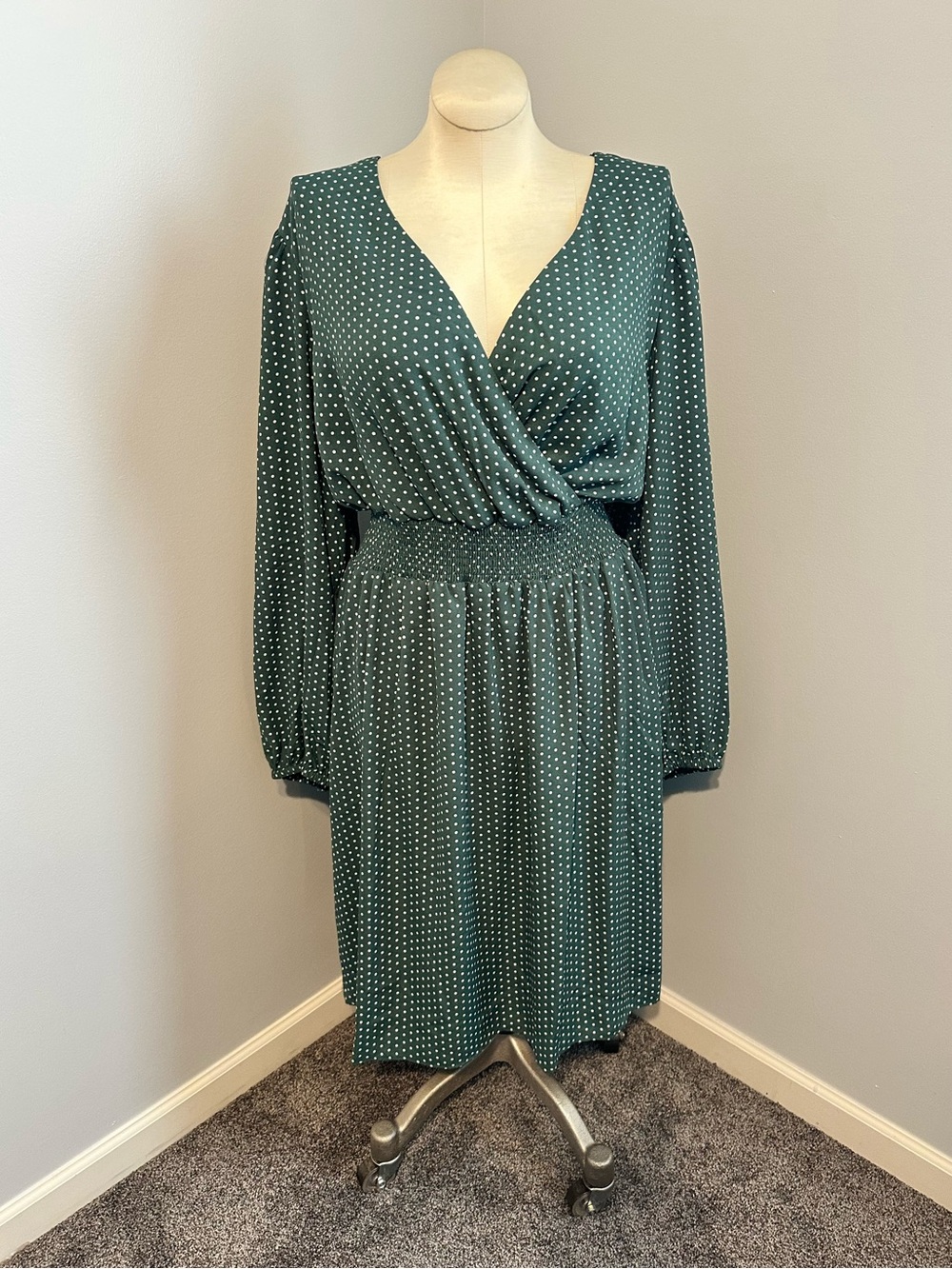 NWT Green Polka Dot Midi Dress with Smocked Waist